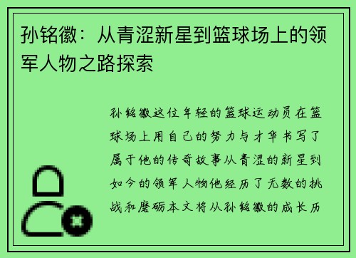 孙铭徽：从青涩新星到篮球场上的领军人物之路探索